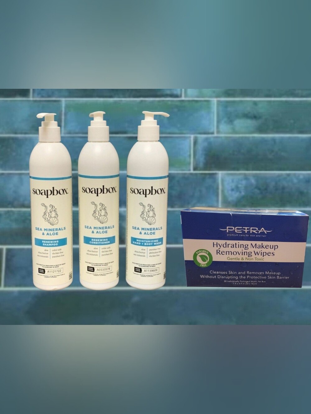 SOAPBOX SEA MINERALS & ALOE SHAMPOO CONDITIONER, HAND/BODY WASH AND FACE WIPES